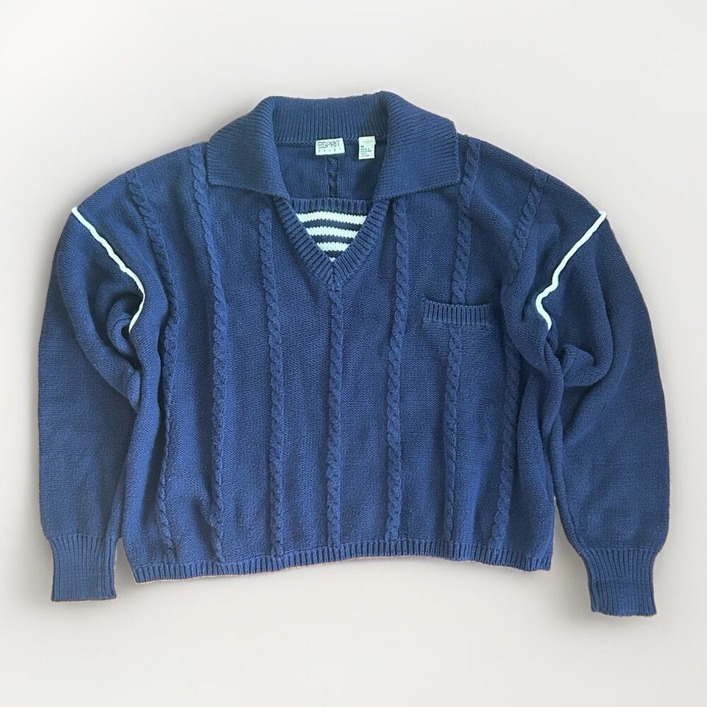 Esprit Sport Navy Blue Cable Knit Polo Sweater Women Size Med 90s VTG Nautical
